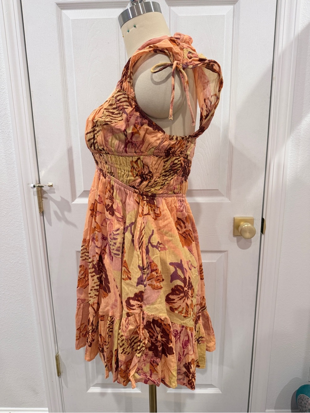 BNWOT Free People Floral Print Smocked Bodice Mini Dress in Orange - L - Picture 6 of 16